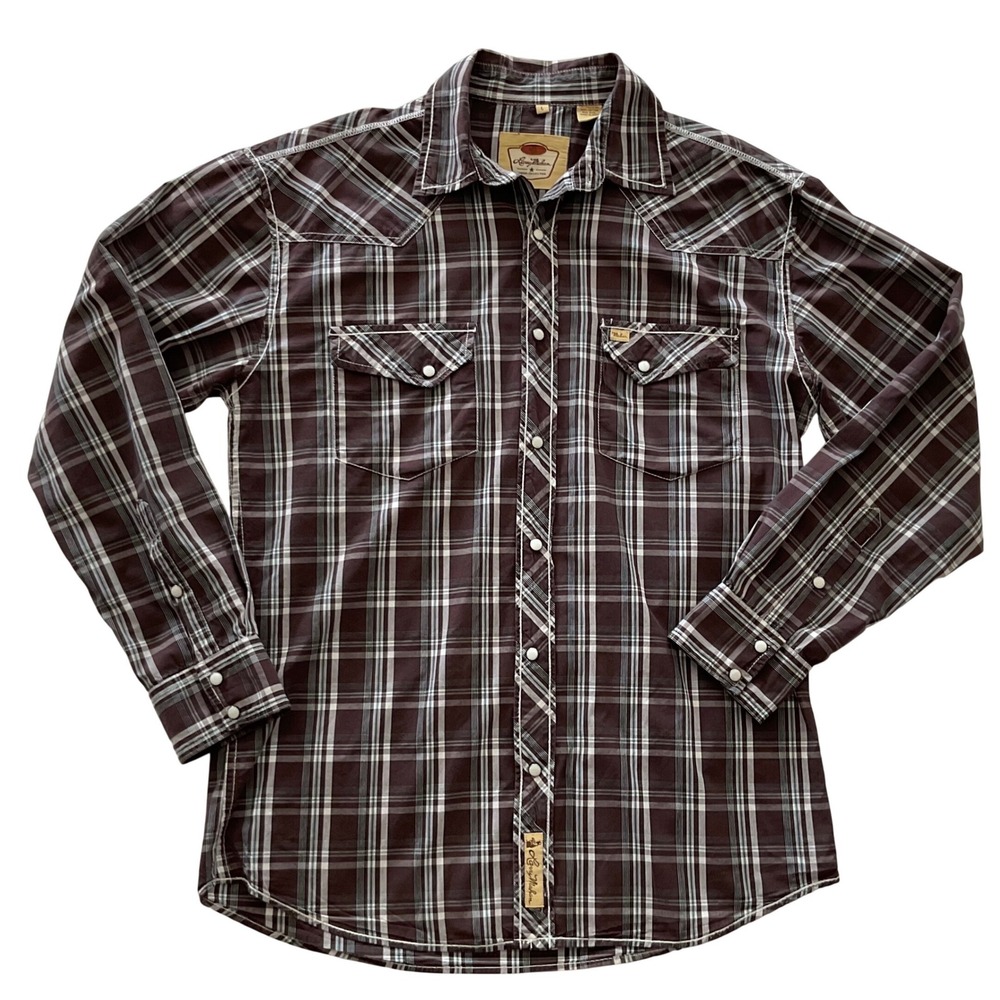 Larry Mahan Mens Brown Plaid Western Pearl Snap Shirt Long Sleeve‎ Large